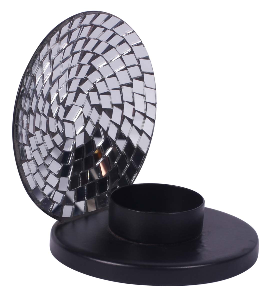 4” Sea-Shell Tea-Light Holder in Iron with Mirror-Work - Black - Mosaic Art Decor from India - Buy in Bulk Wholesale